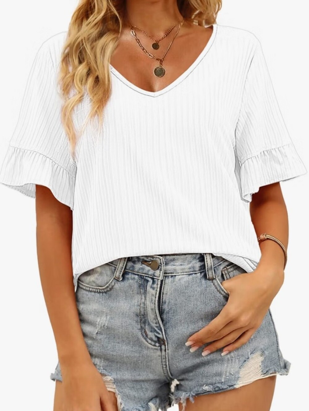 V-Neck Ruffle Sleeve Ribbed Blouse - White